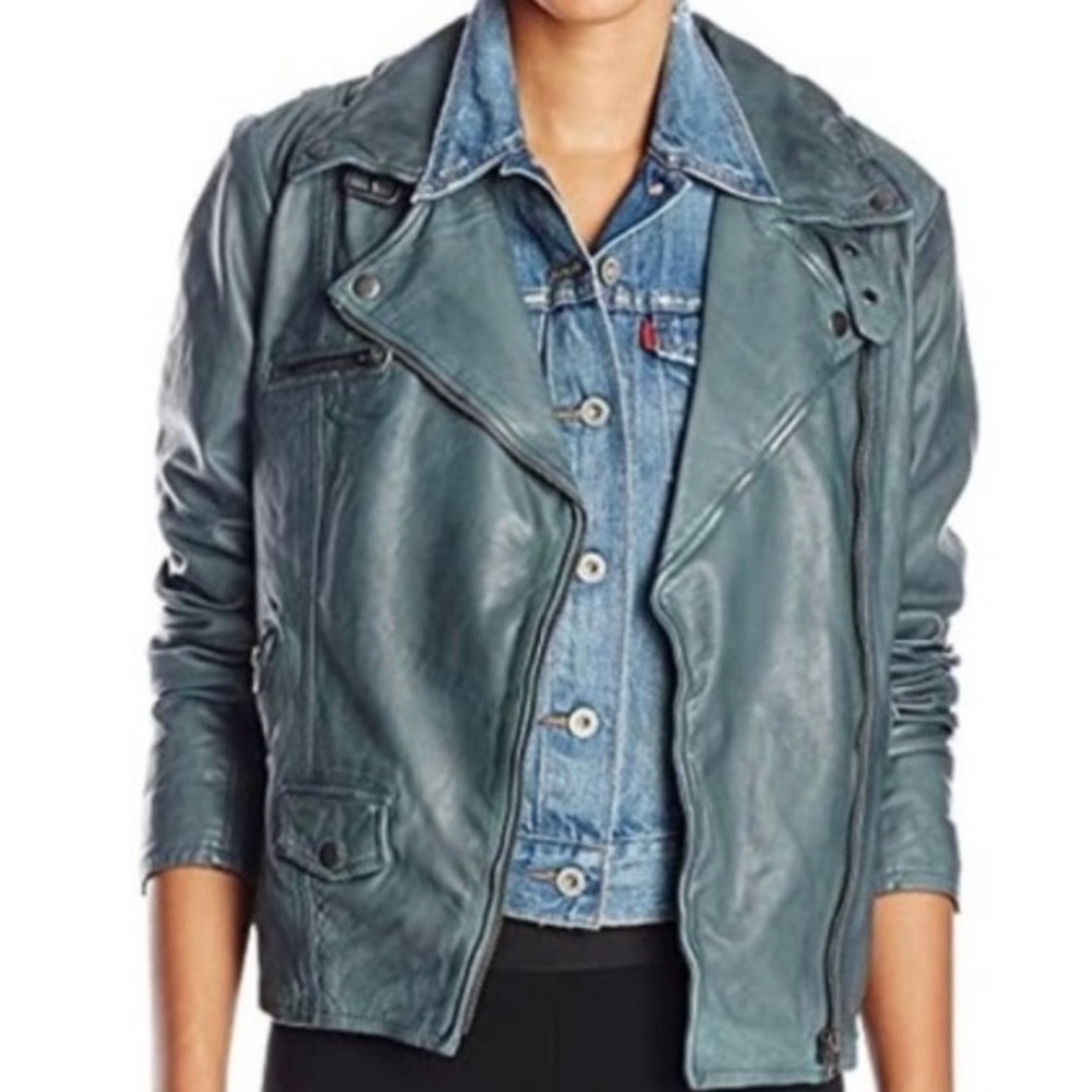 Lucky Brand Blue Leather Moto Jacket Size XL